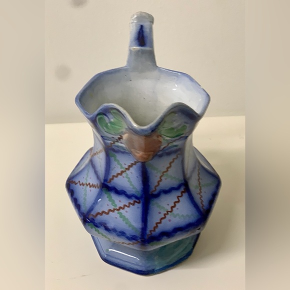 19th Century Antique Gaudy Ironstone Flow Blue Squiggle Grid Pattern Jug Pitcher - Picture 6 of 16